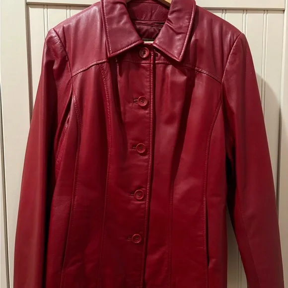 Danier Red Leather Button-Front Jacket - Picture 1 of 9